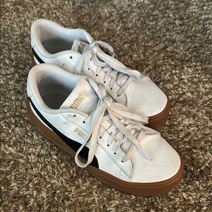 Puma Classic White and Black Sneakers with Brown Sole